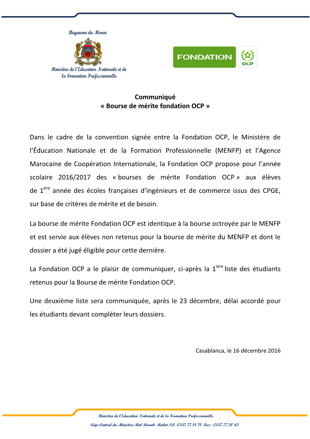 Communiqué « Bourse De Mérite Fondation OCP »