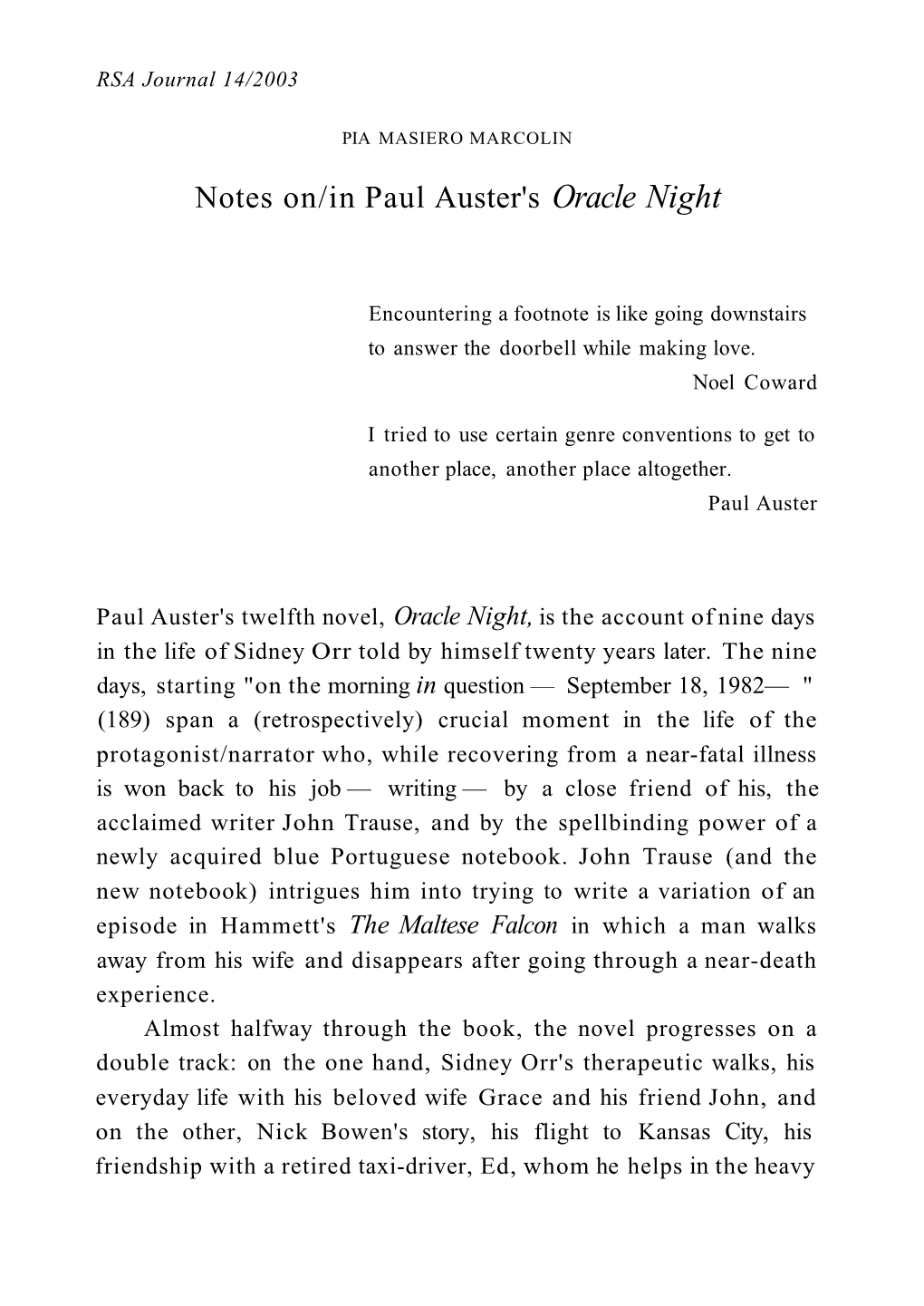 Notes On/In Paul Auster's Oracle Night