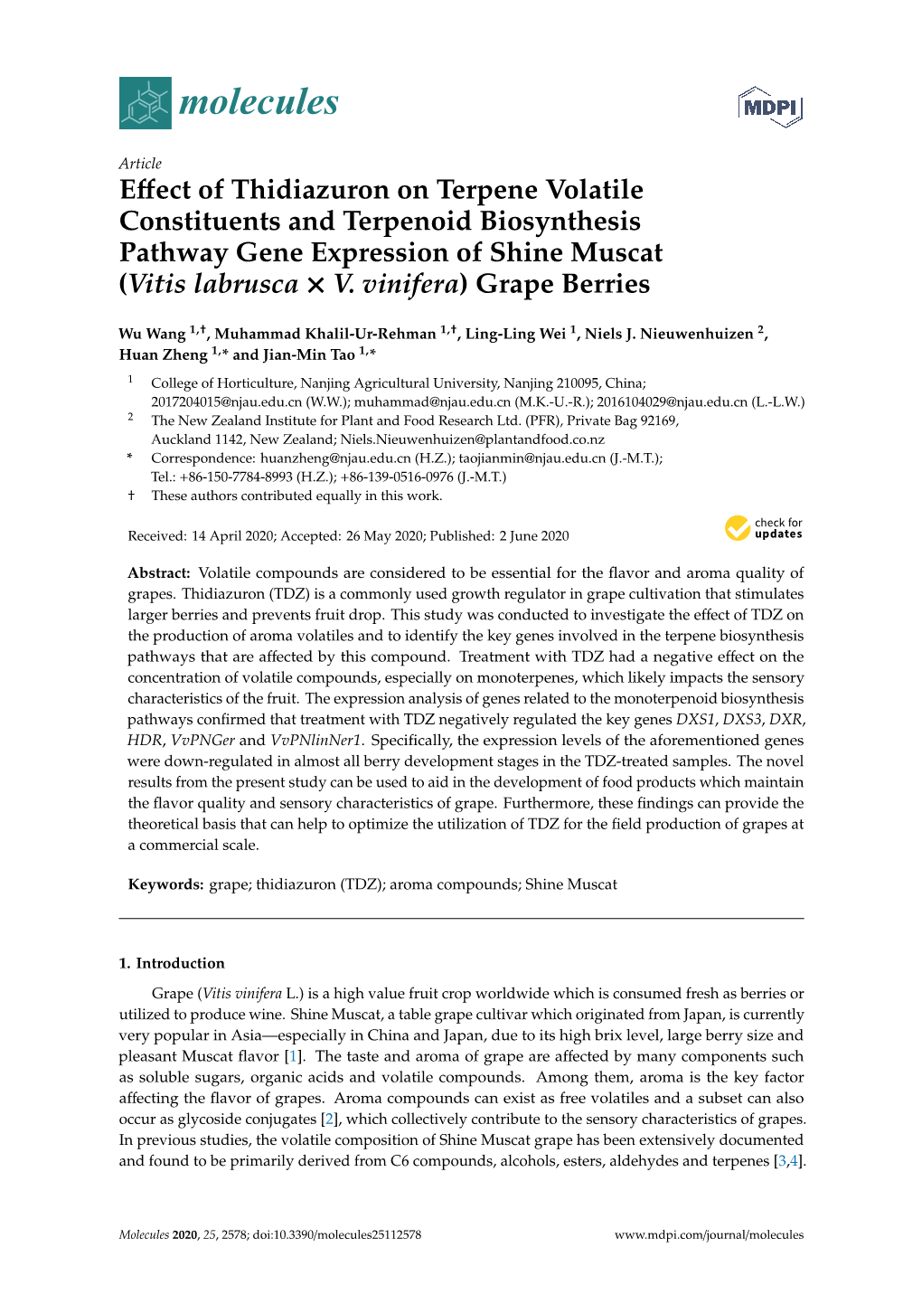 Effect of Thidiazuron on Terpene Volatile Constituents And