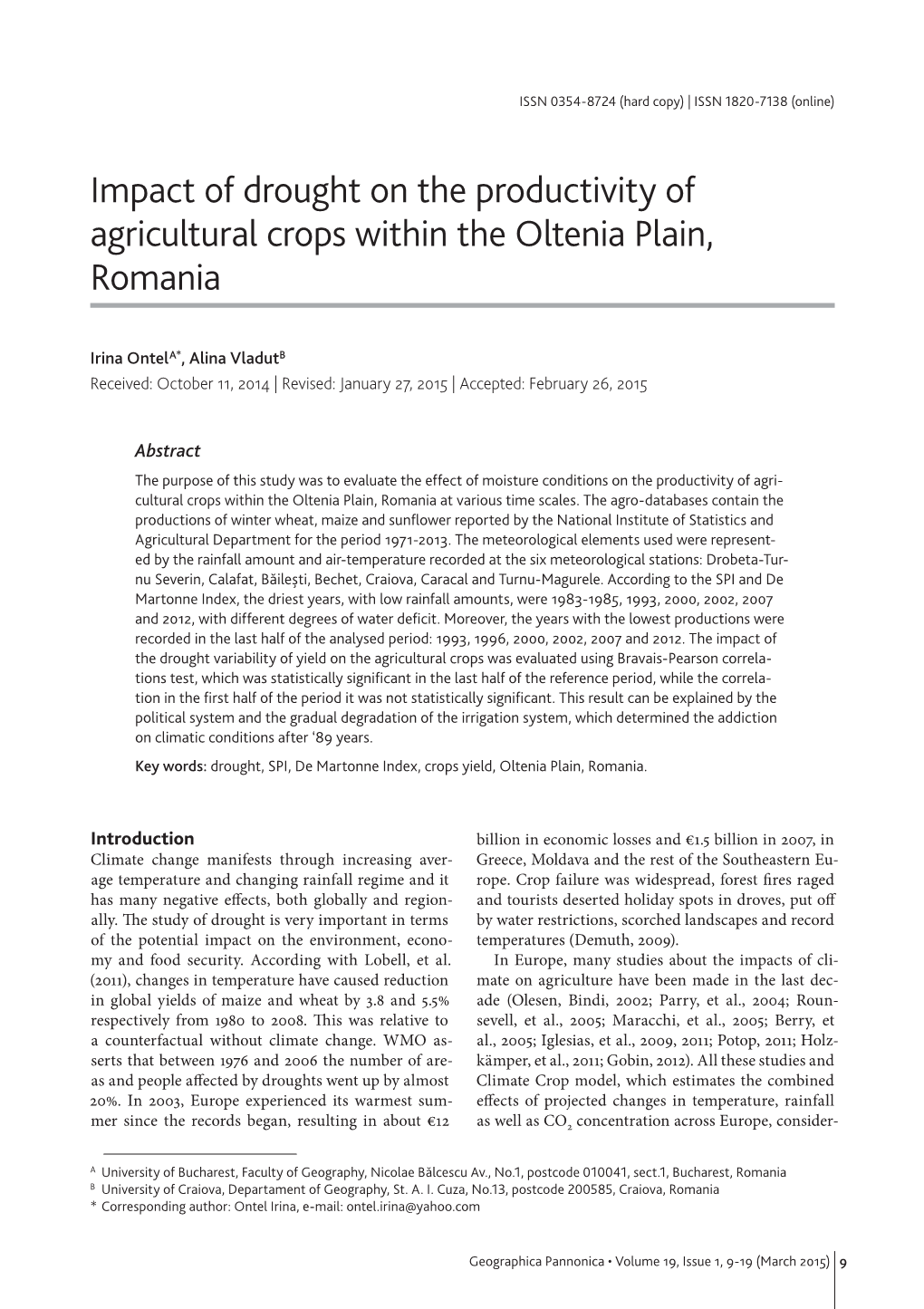 Impact of Drought on the Productivity of Agricultural Crops Within the Oltenia Plain, Romania