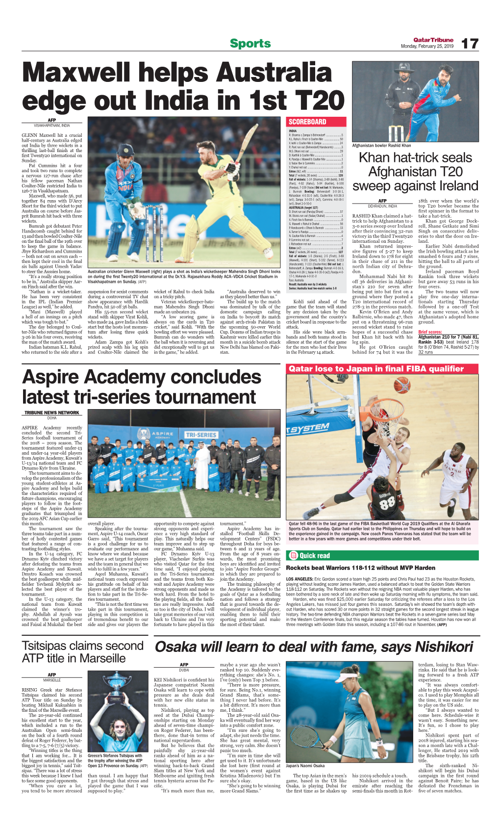Maxwell Helps Australia Edge out India in 1St T20 Afp Visakhapatnam, India Scoreboard India Glenn Maxwell Hit a Crucial R