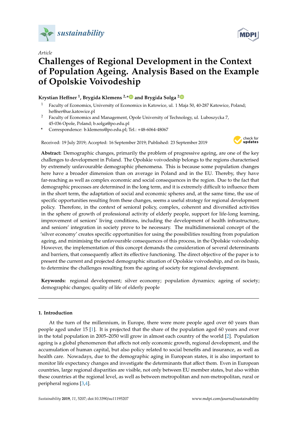 Challenges of Regional Development in the Context of Population Ageing. Analysis Based on the Example of Opolskie Voivodeship