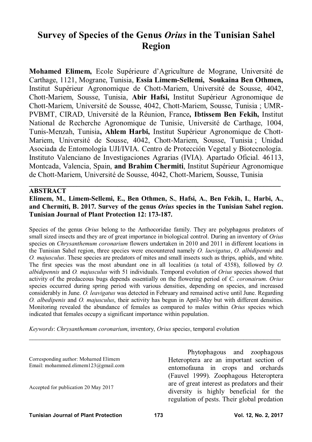 Survey of Species of the Genus Orius in the Tunisian Sahel Region