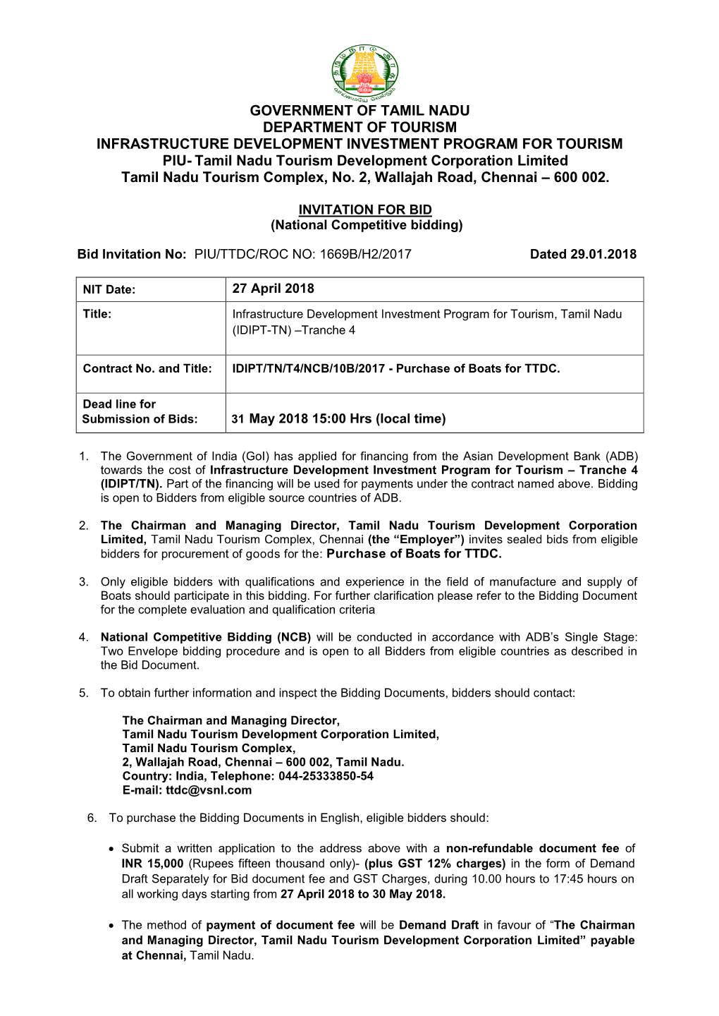 Tamil Nadu Tourism Development Corporation Limited BIDDING