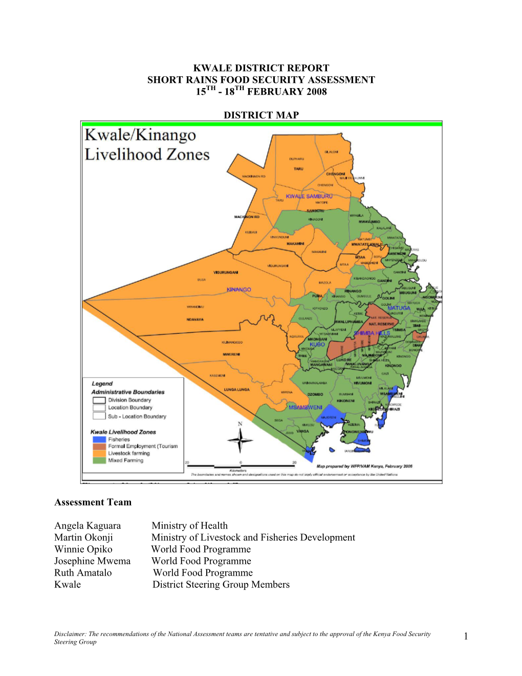 Kwale District Report Short Rains Food Security Assessment 15Th - 18Th February 2008