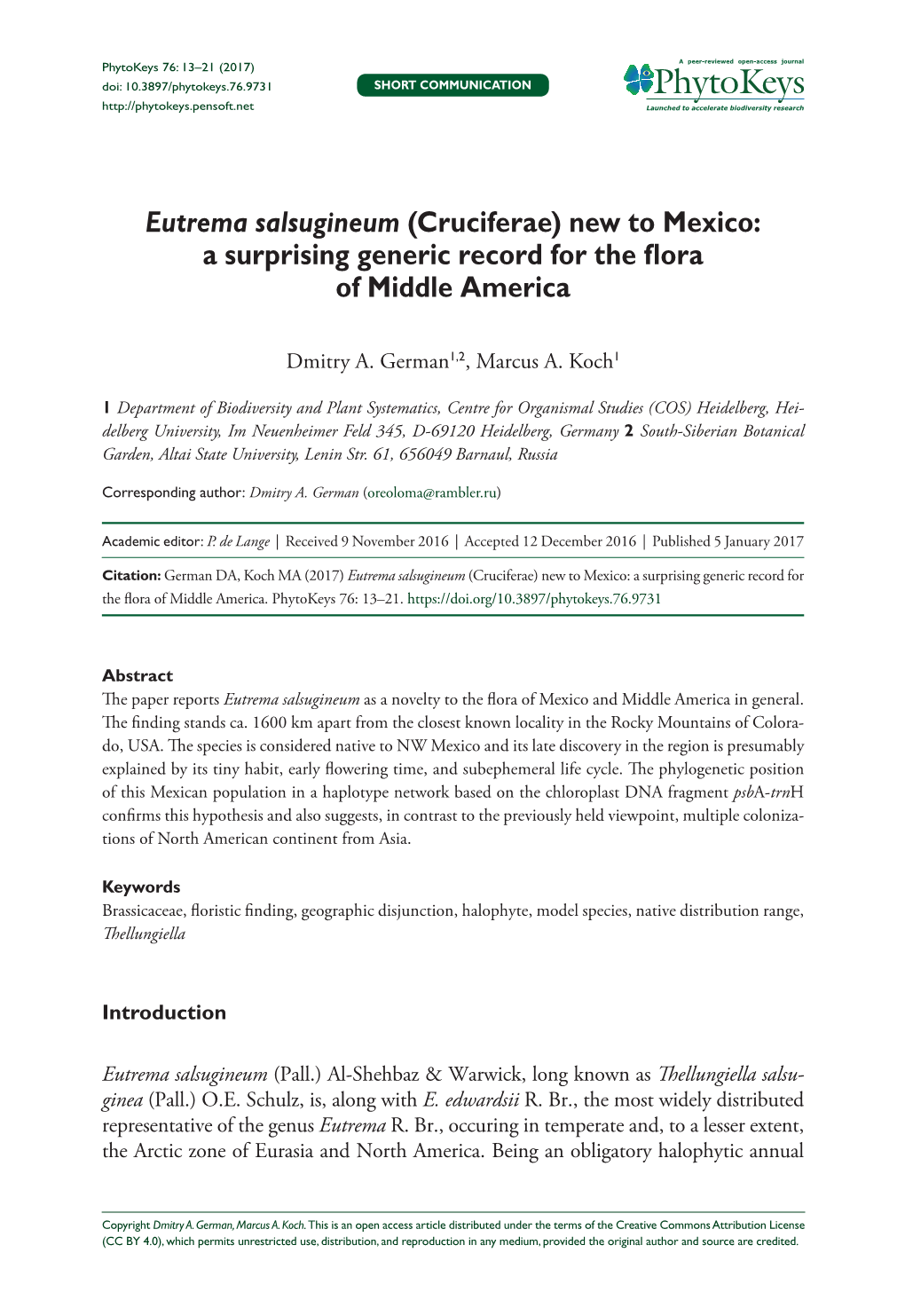 ﻿Eutrema Salsugineum (Cruciferae) New to Mexico: a Surprising Generic