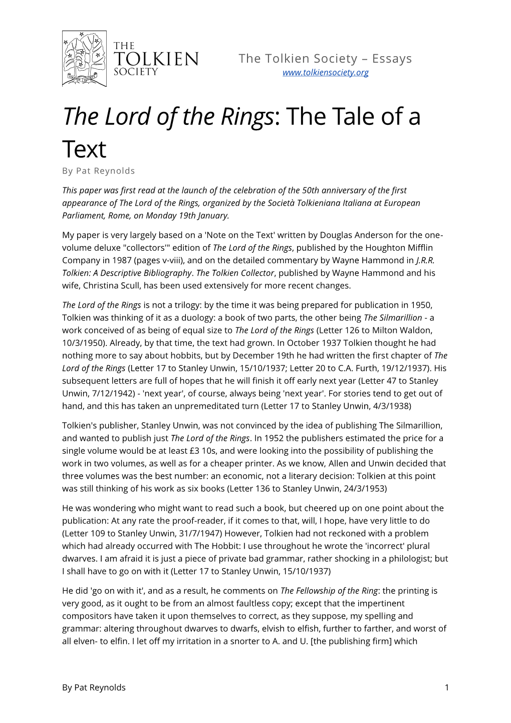 The Lord of the Rings: the Tale of a Text by Pat Reynolds