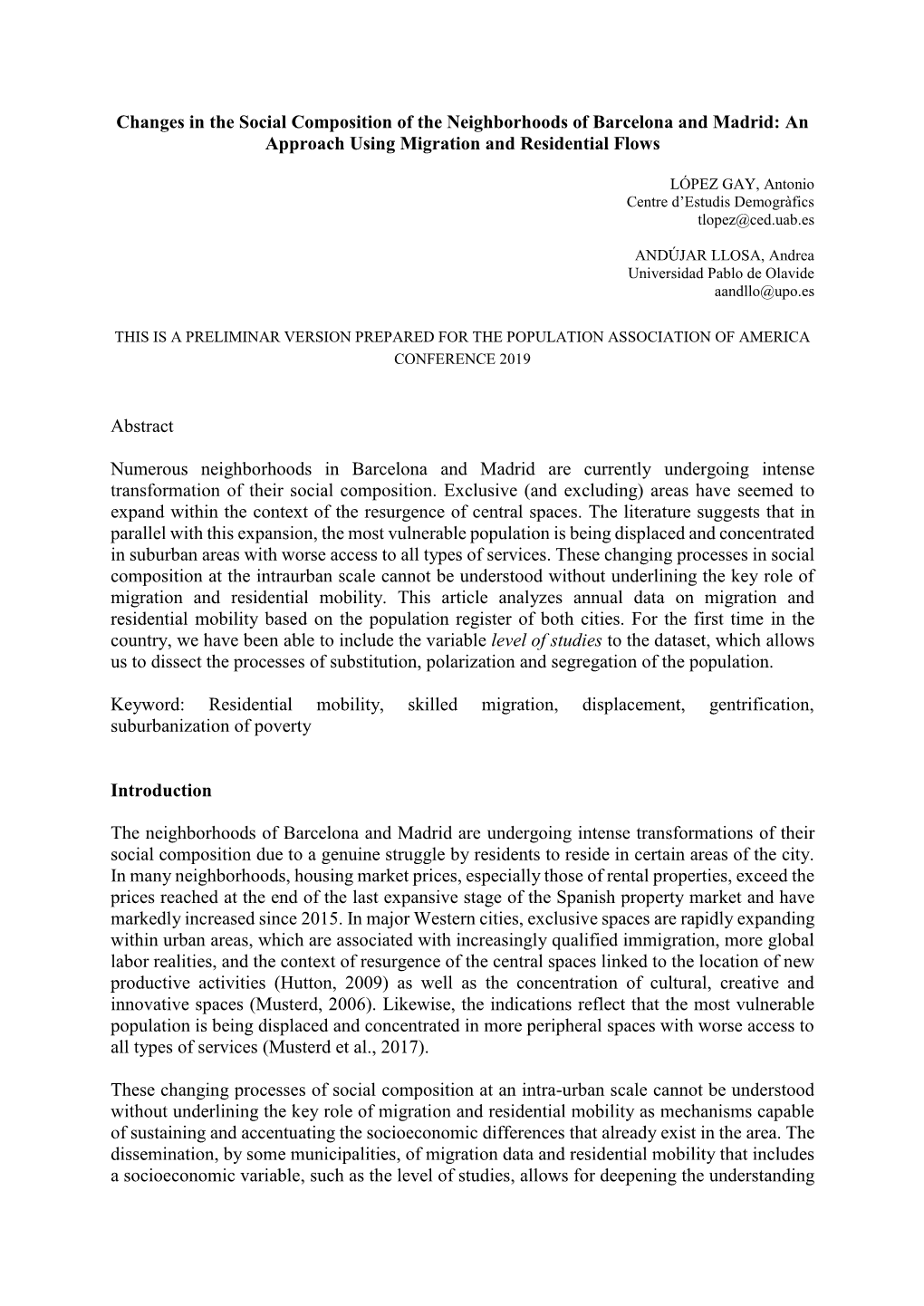 Changes in the Social Composition of the Neighborhoods of Barcelona and Madrid: an Approach Using Migration and Residential Flows