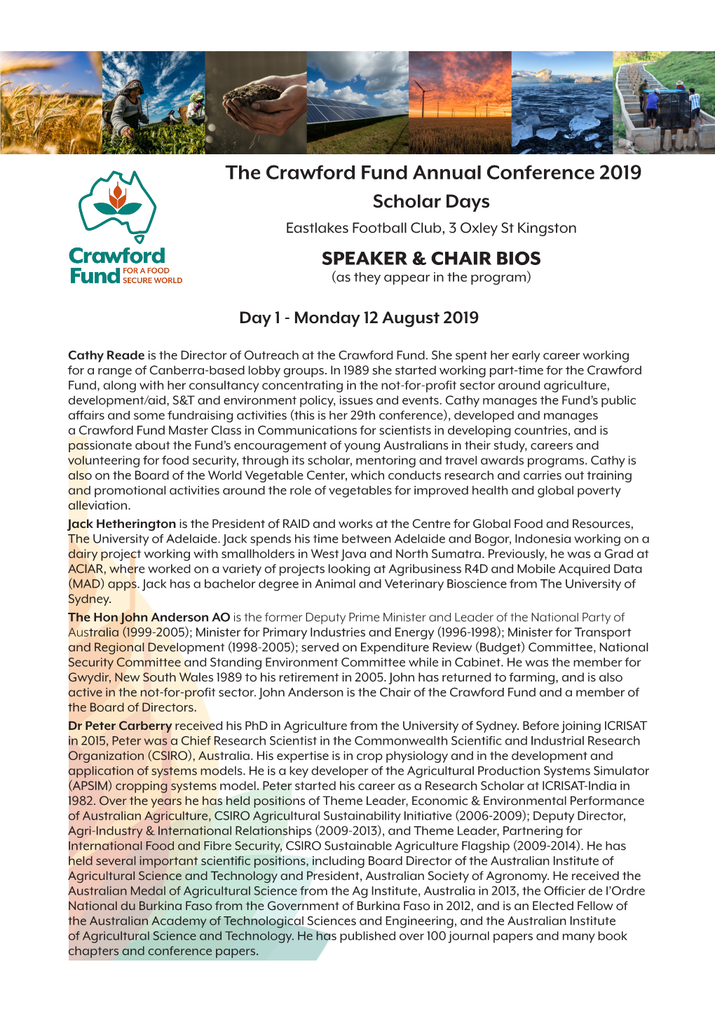 The Crawford Fund Annual Conference 2019 Scholar Days Eastlakes Football Club, 3 Oxley St Kingston SPEAKER & CHAIR BIOS (As They Appear in the Program)