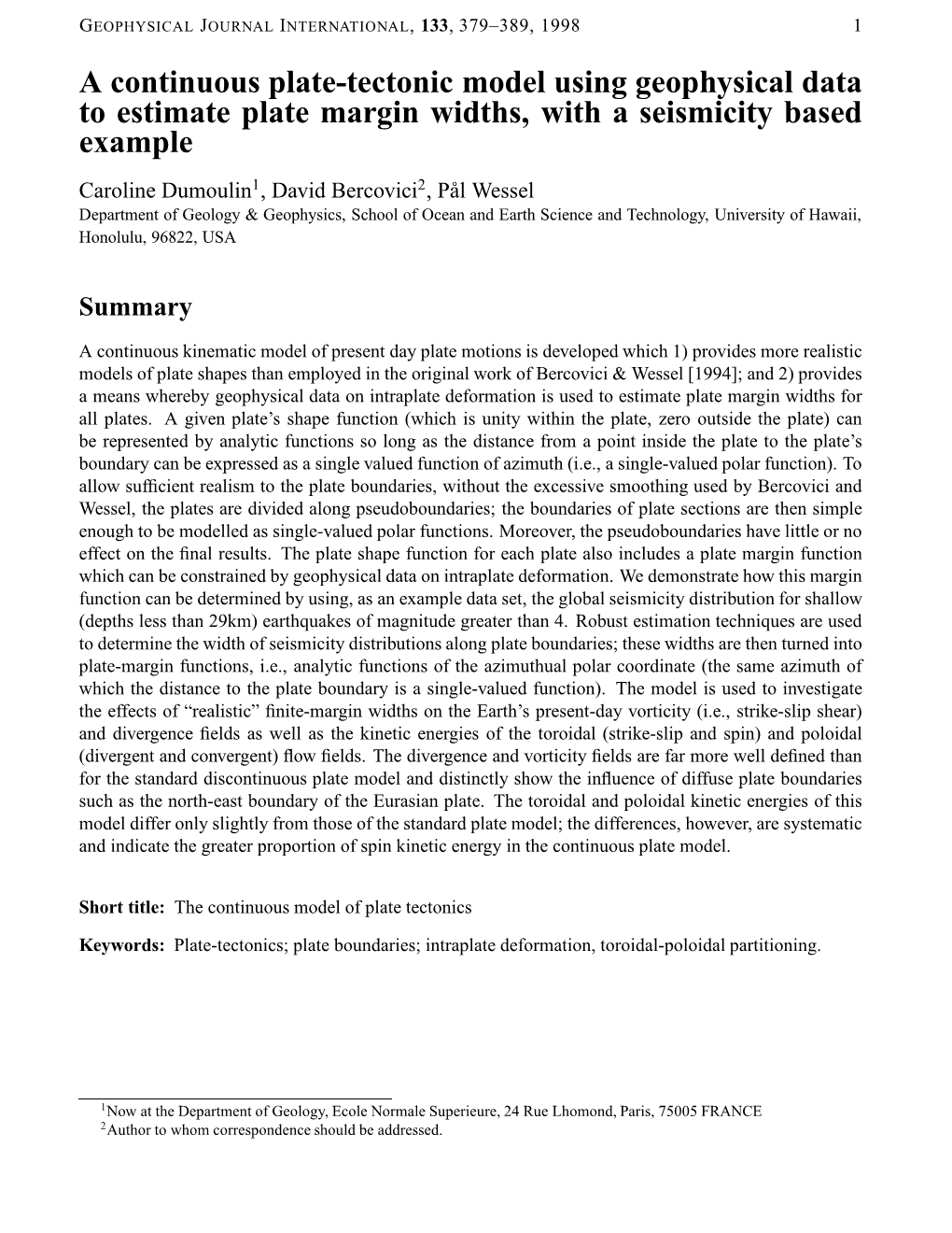 A Continuous Plate-Tectonic Model Using Geophysical Data to Estimate