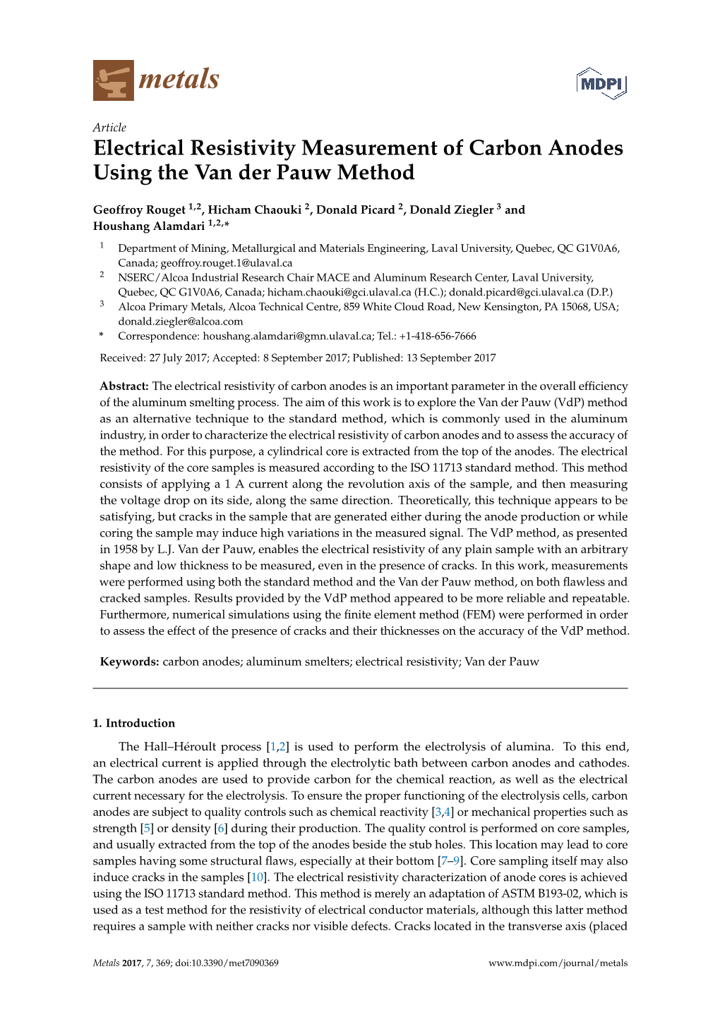 Electrical Resistivity Measurement of Carbon Anodes Using the Van Der Pauw Method