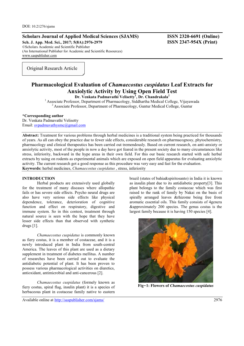 Pharmacological Evaluation of Chamaecostus Cuspidatus Leaf Extracts for Anxiolytic Activity by Using Open Field Test Dr