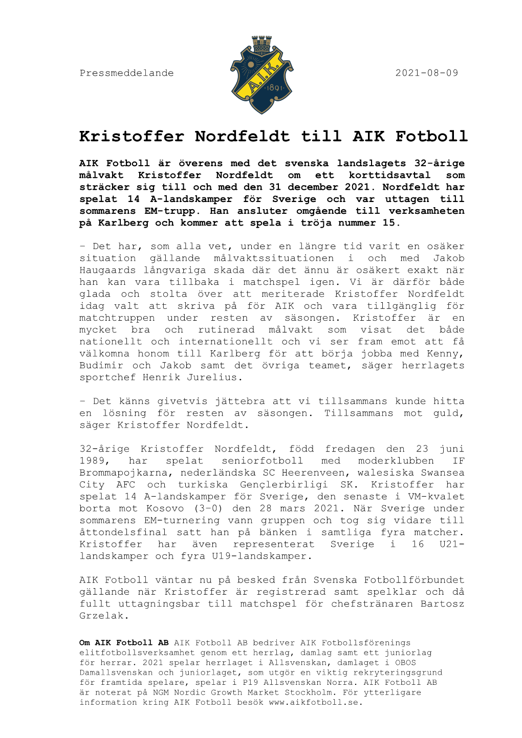 Kristoffer Nordfeldt Till AIK Fotboll