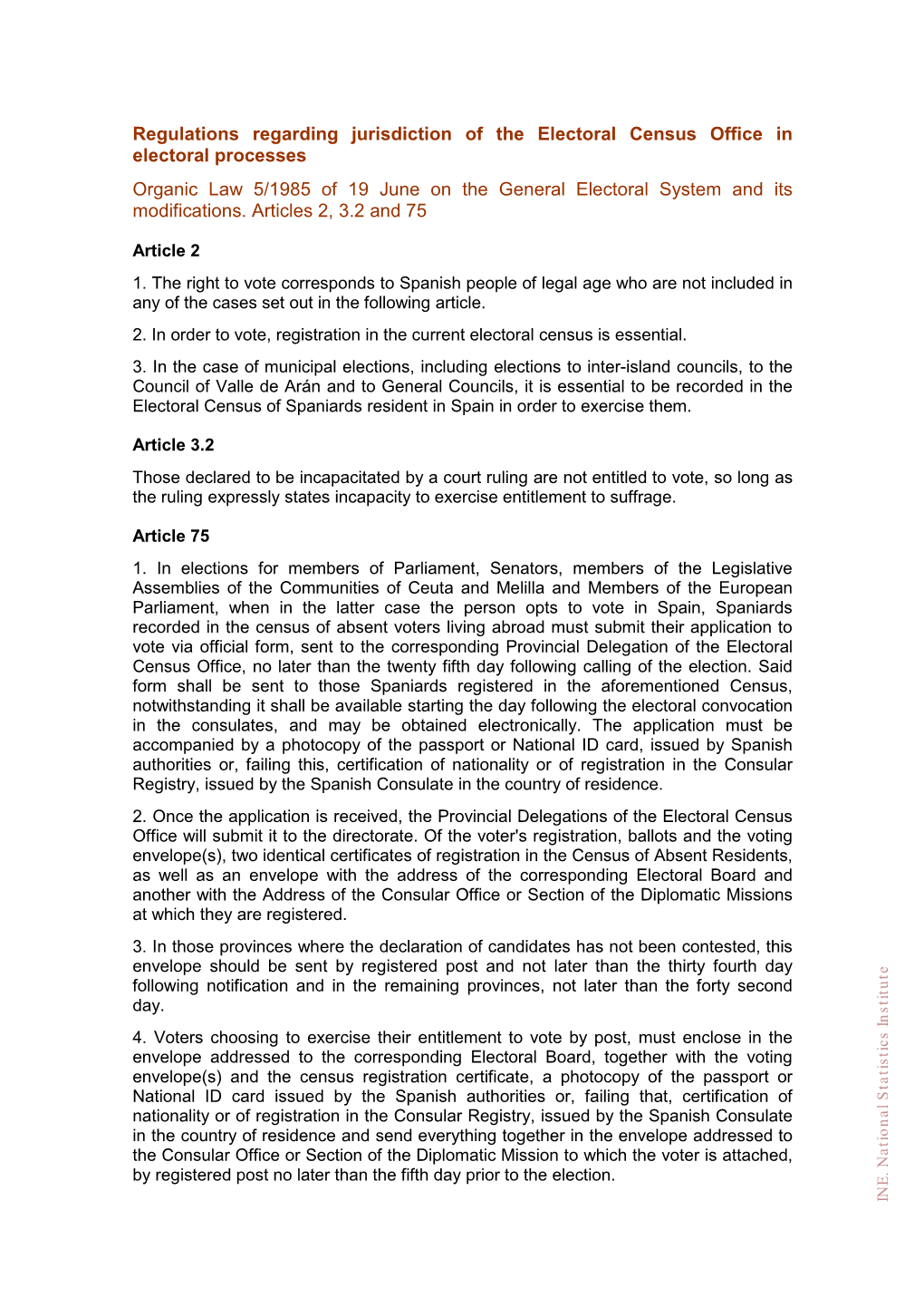 Organic Law 5/1985 of 19 June on the General Electoral System and Its Modifications