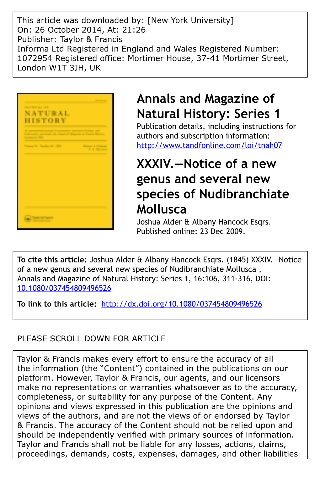 Notice of a New Genus and Several New Species of Nudibranchiate Mollusca Joshua Alder & Albany Hancock Esqrs