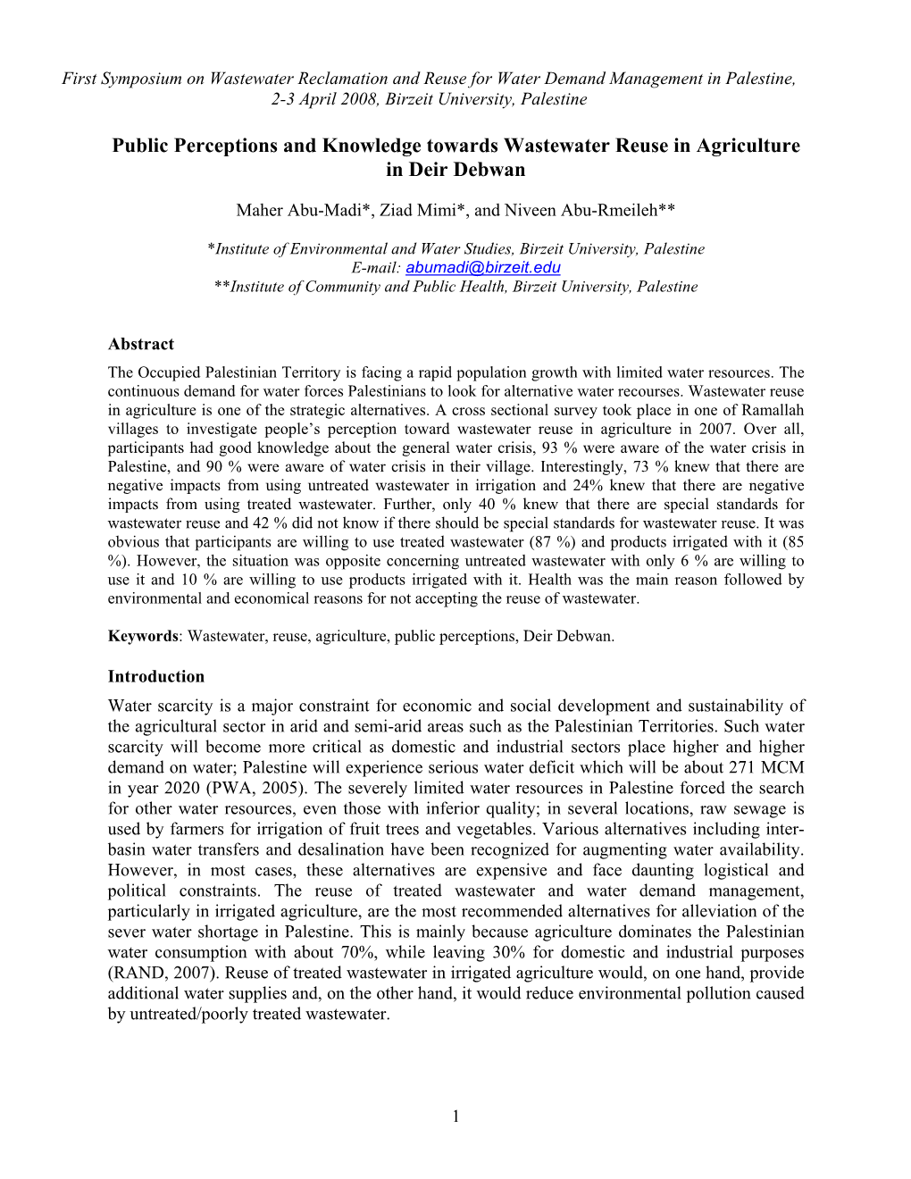 Public Perceptions and Knowledge Towards Wastewater Reuse in Agriculture in Deir Debwan