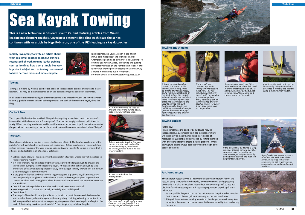 Sea Kayak Towing This Is a New Technique Series Exclusive to Ceufad Featuring Articles from Wales’ Leading Paddlesport Coaches