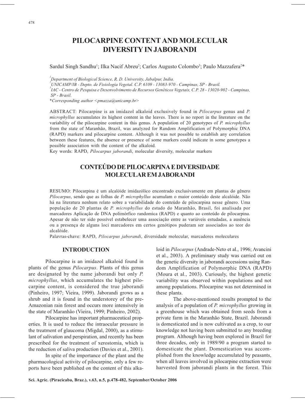 Pilocarpine Content and Molecular Diversity in Jaborandi