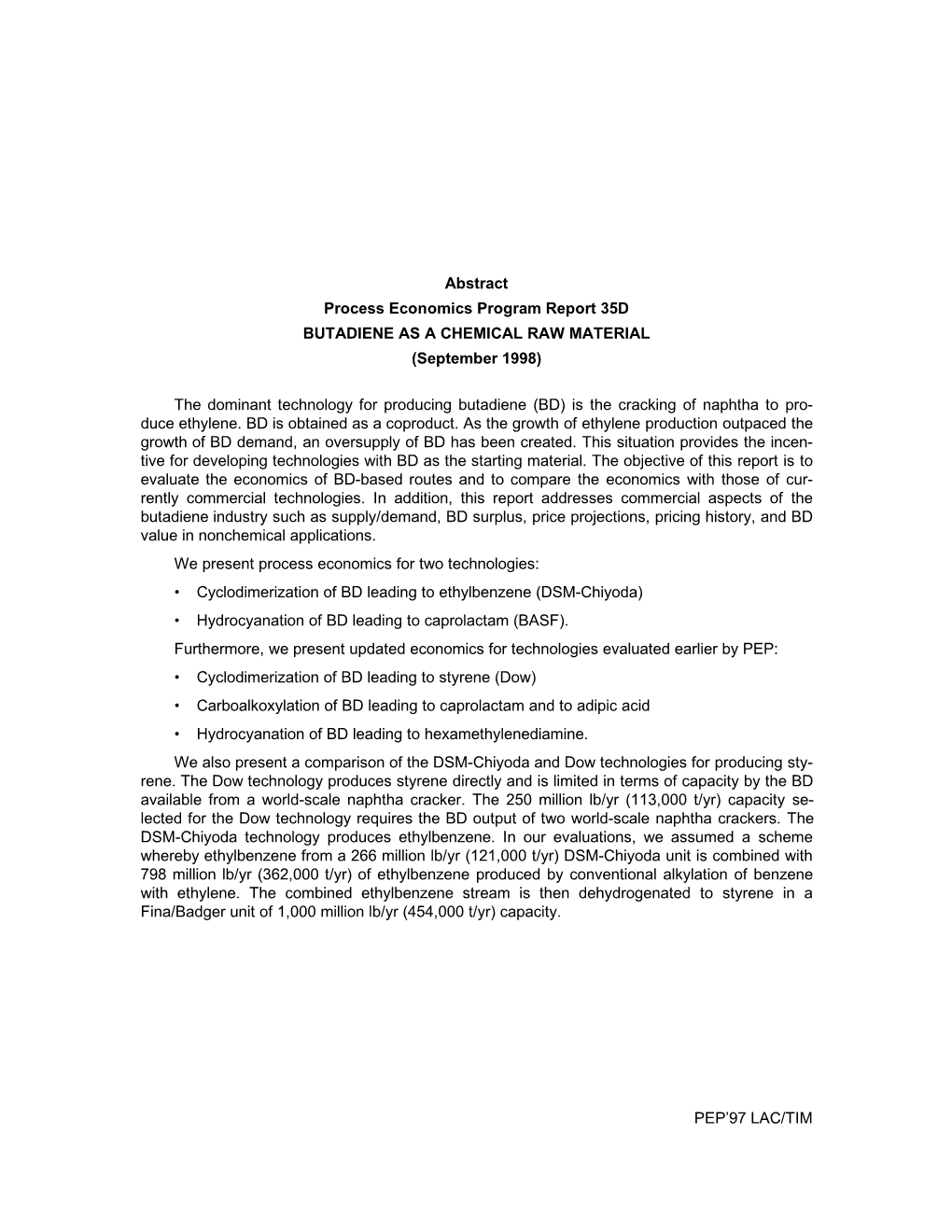 BUTADIENE AS a CHEMICAL RAW MATERIAL (September 1998)