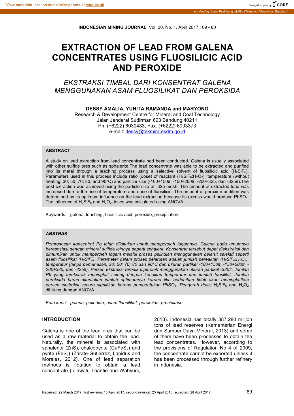 Extraction of Lead from Galena Concentrates Using Fluosilicic Acid and Peroxide