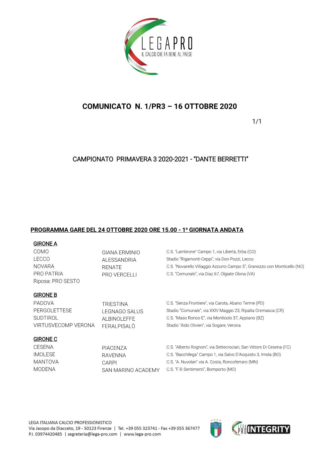 Campionato Primavera 3 2020-21 “Dante Berretti