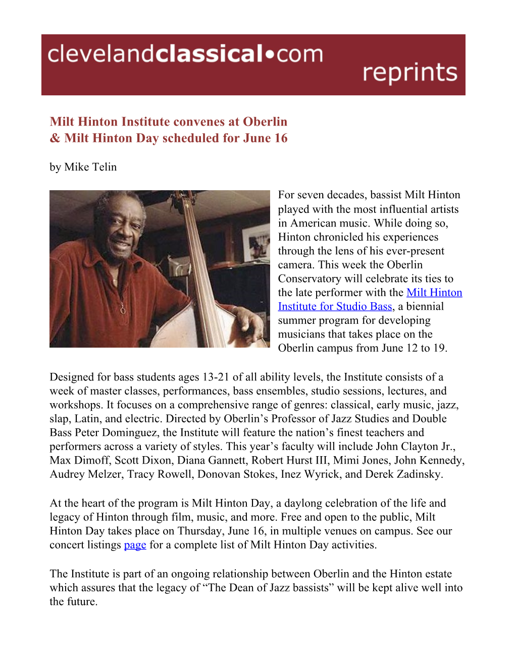 Milt Hinton Institute Convenes at Oberlin & Milt Hinton Day Scheduled for June 16