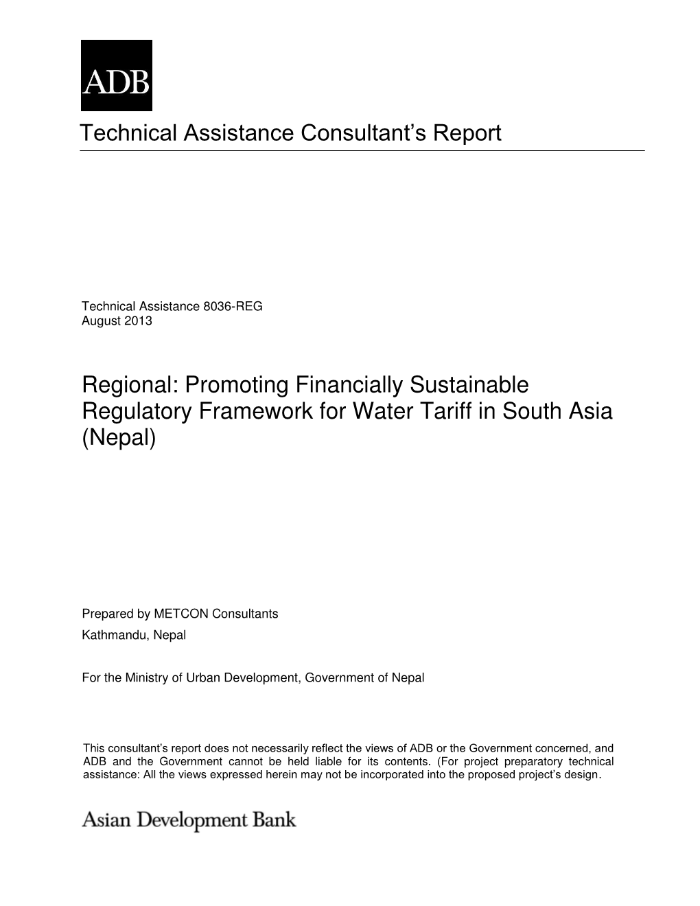 Promoting Financially Sustainable Regulatory Framework for Water Tariff in South Asia (Nepal)