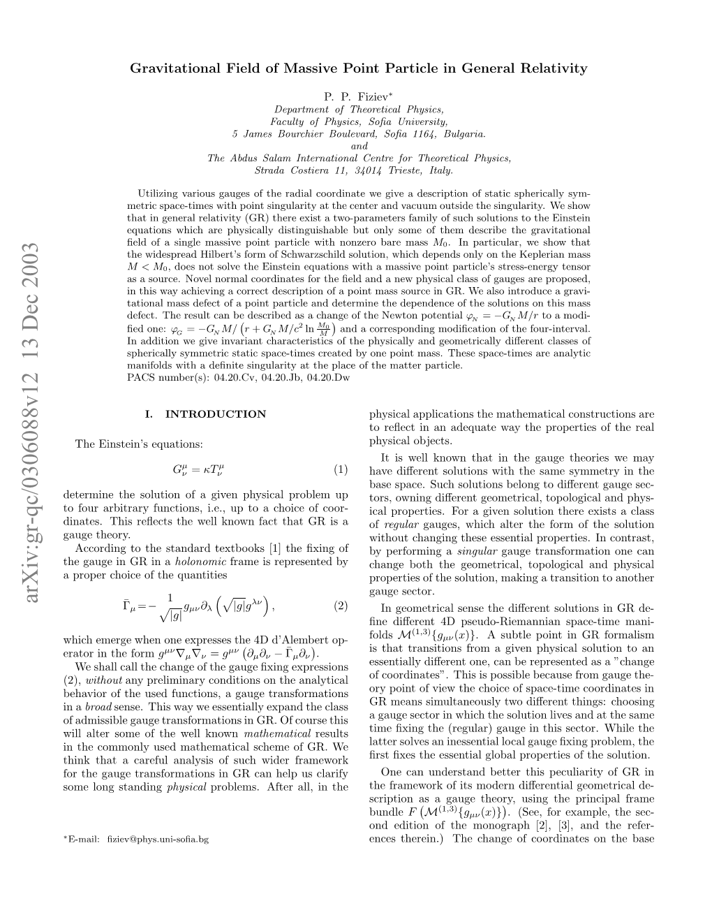 Gravitational Field of Massive Point Particle in General Relativity