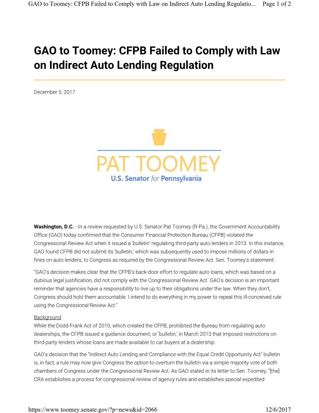 GAO to Toomey: CFPB Failed to Comply with Law on Indirect Auto Lending Regulatio