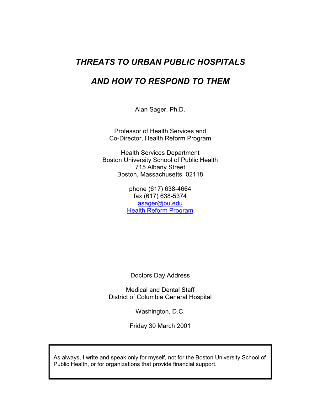 Threats to Urban Public Hospitals and How To