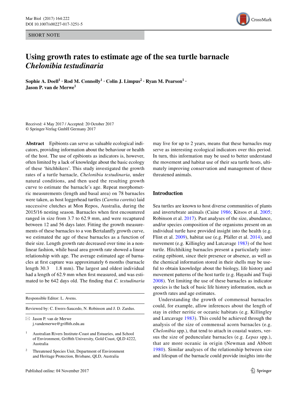 Using Growth Rates to Estimate Age of the Sea Turtle Barnacle Chelonibia Testudinaria