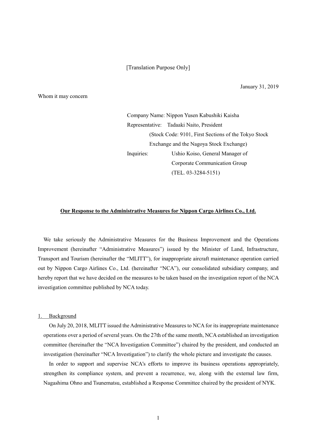 Jan. 31, 2019 Our Response to the Administrative Measures for Nippon