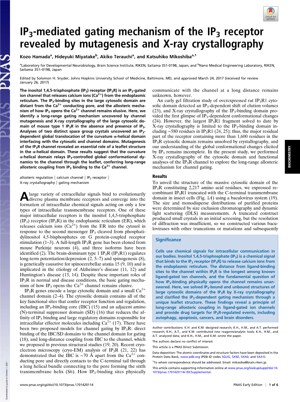 IP3-Mediated Gating Mechanism of the IP3 Receptor Revealed by Mutagenesis and X-Ray Crystallography