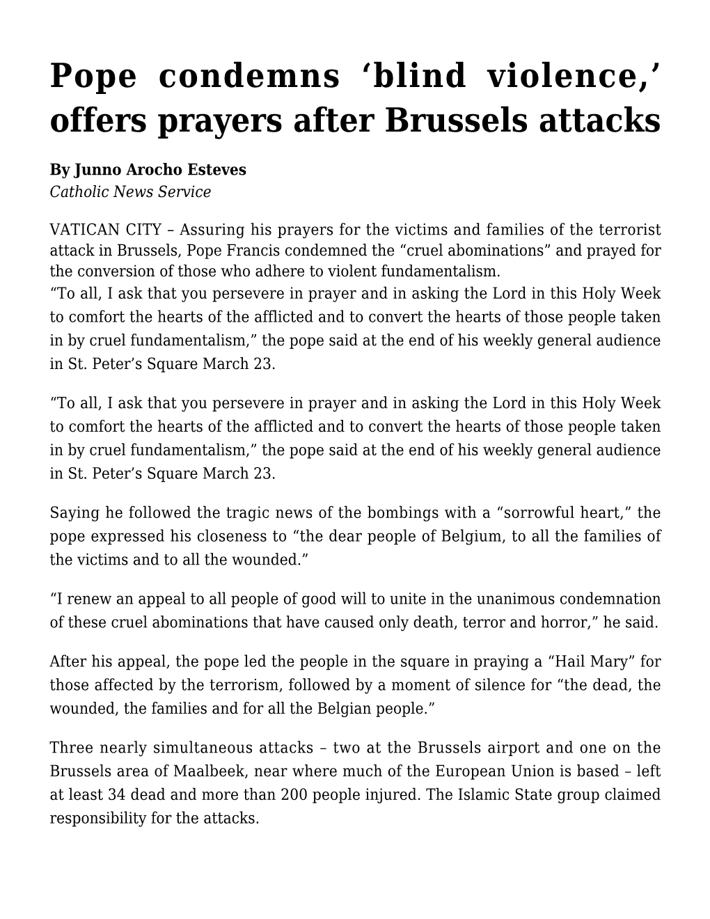 Pope Condemns 'Blind Violence,' Offers Prayers After Brussels Attacks