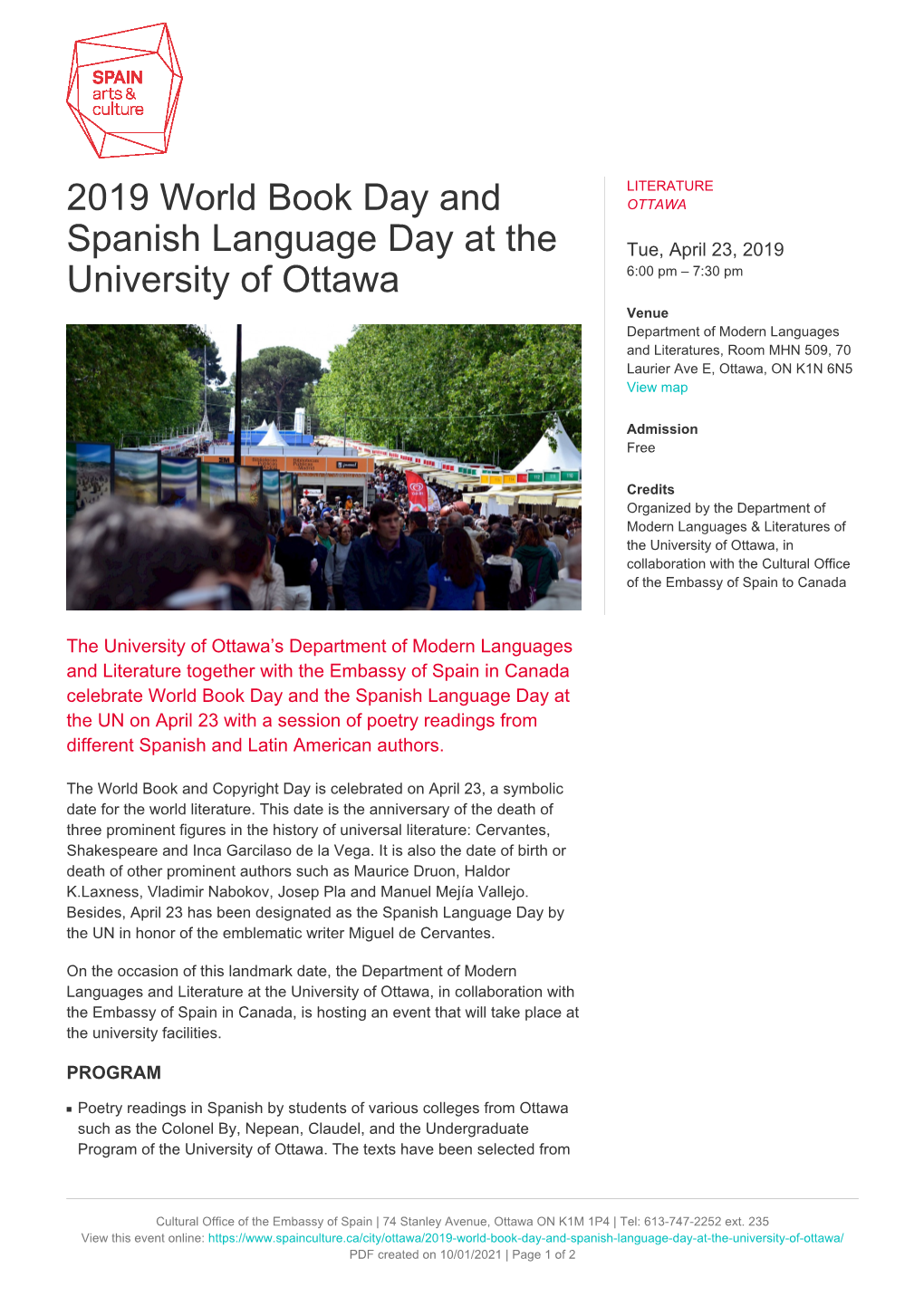 2019 World Book Day and Spanish Language Day at the University Of