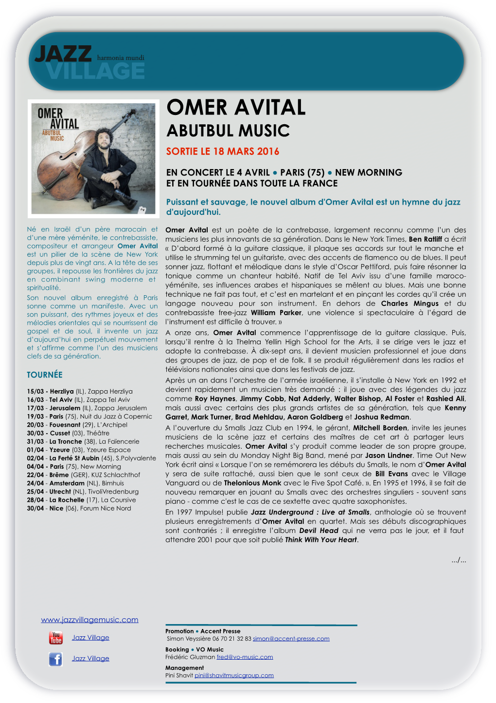 Omer Avital Abutbul Music Sortie Le 18 Mars 2016