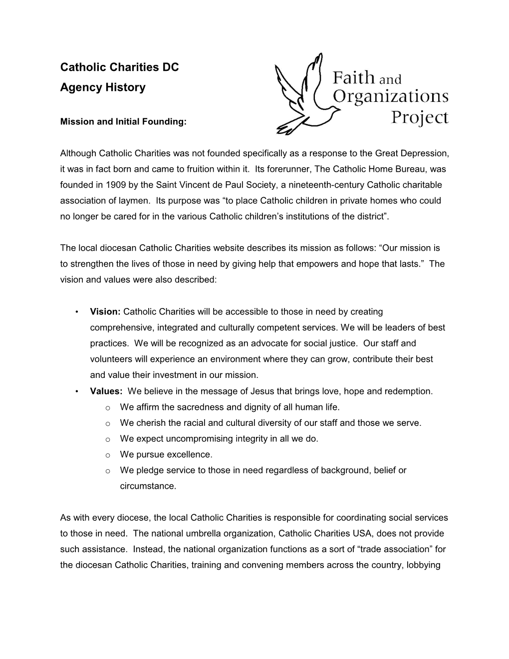 Catholic Charities DC Agency History