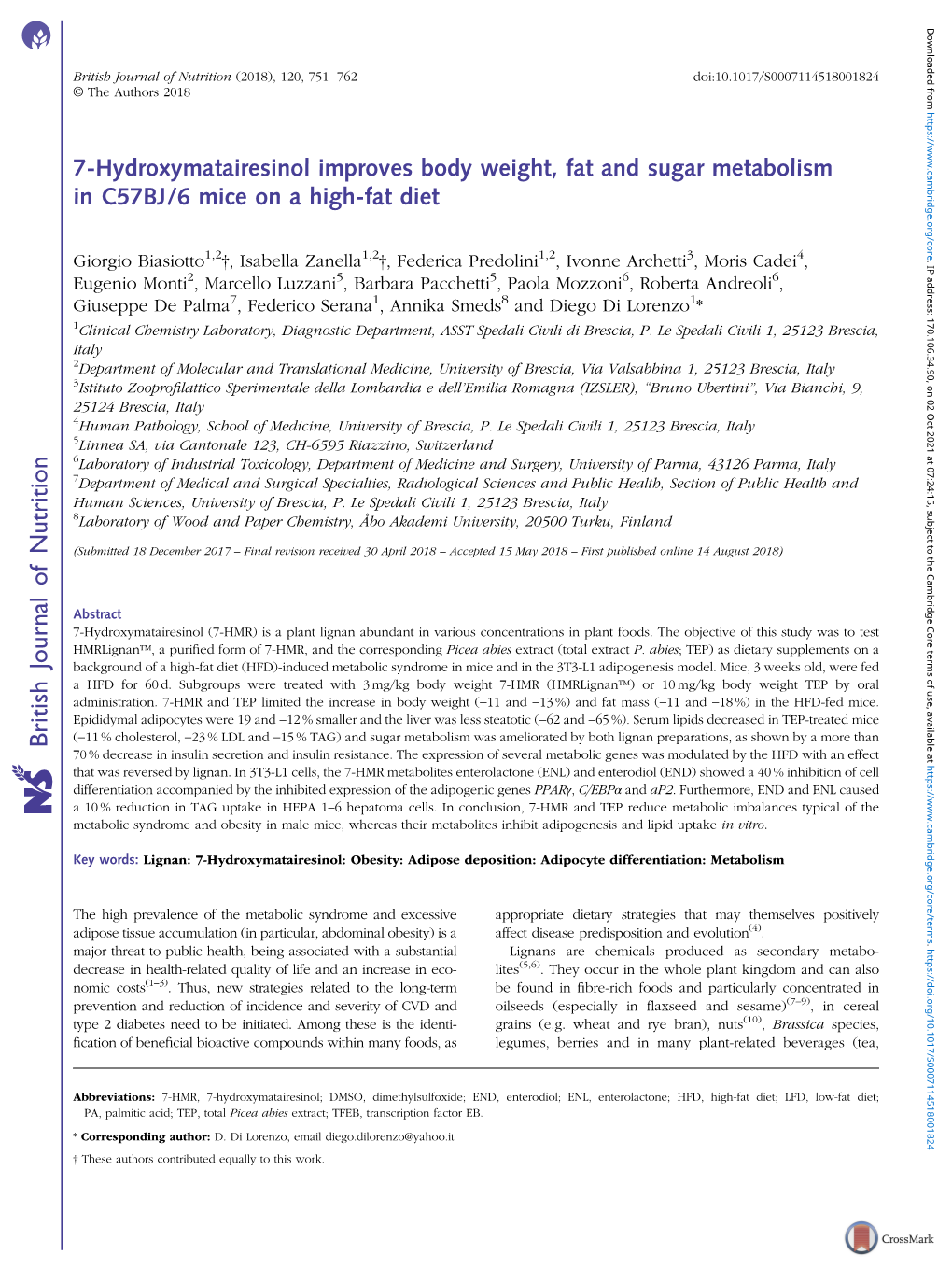 7-Hydroxymatairesinol Improves Body Weight, Fat and Sugar Metabolism in C57BJ/6 Mice on a High-Fat Diet