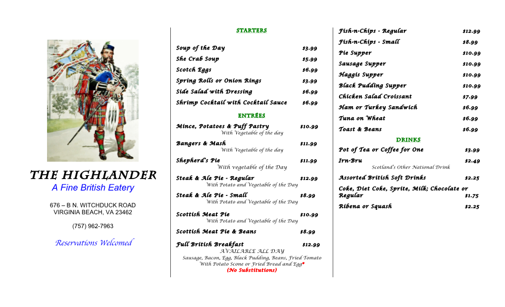 The Highlander New Take out Menu