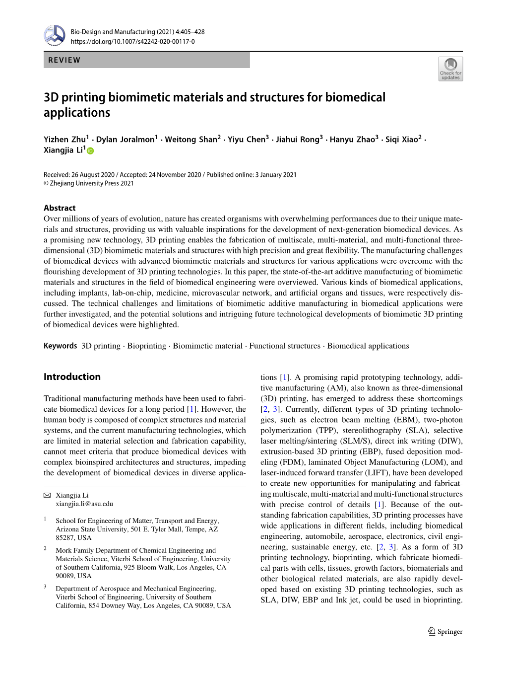 3D Printing Biomimetic Materials and Structures for Biomedical Applications