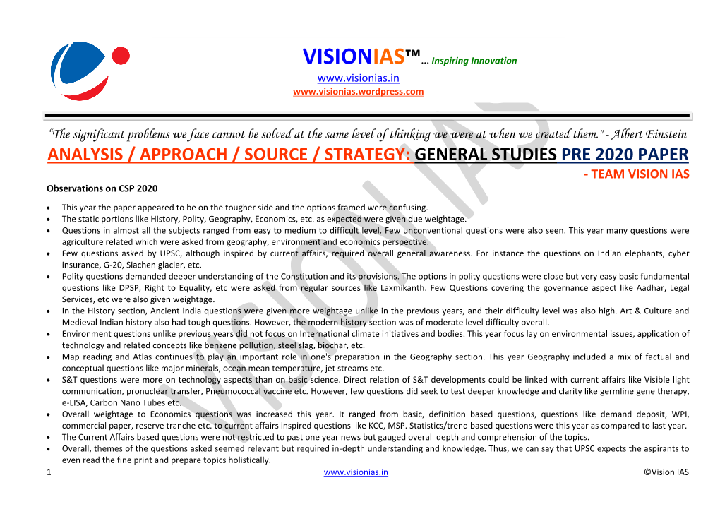 ANALYSIS / APPROACH / SOURCE / STRATEGY: GENERAL STUDIES PRE 2020 PAPER - TEAM VISION IAS Observations on CSP 2020