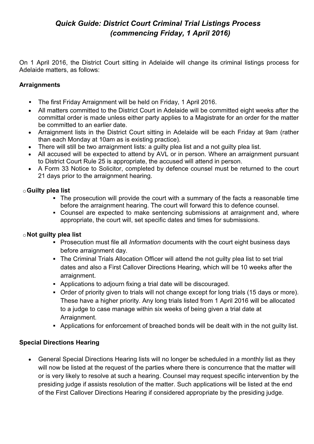 Quick Reference Guide to District Court's Criminal Trial Listings Process Commencing 010416