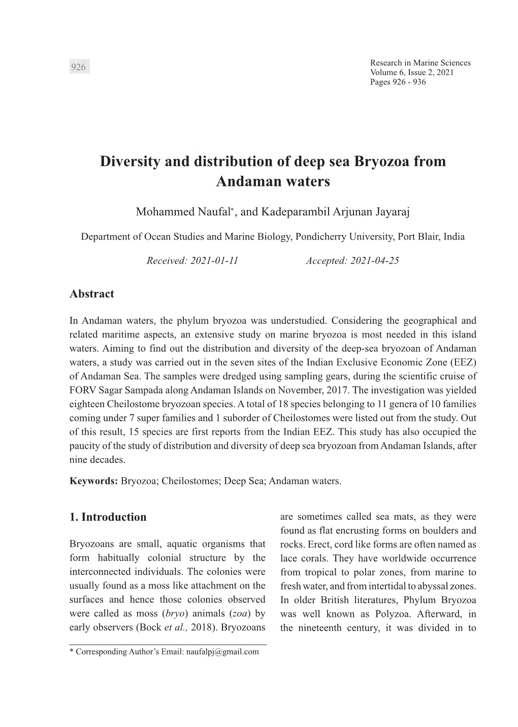 Diversity and Distribution of Deep Sea Bryozoa from Andaman Waters