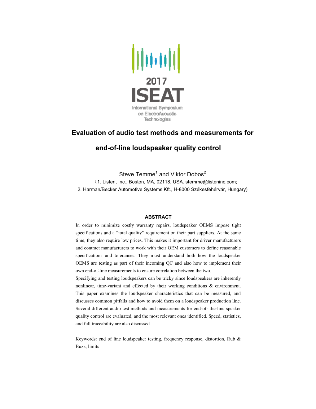 Evaluation of Audio Test Methods and Measurements for End-Of-Line Loudspeaker Quality Control