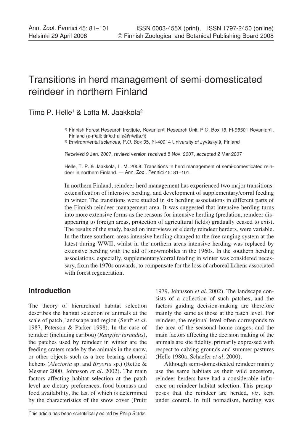 Transitions in Herd Management of Semi-Domesticated Reindeer in Northern Finland