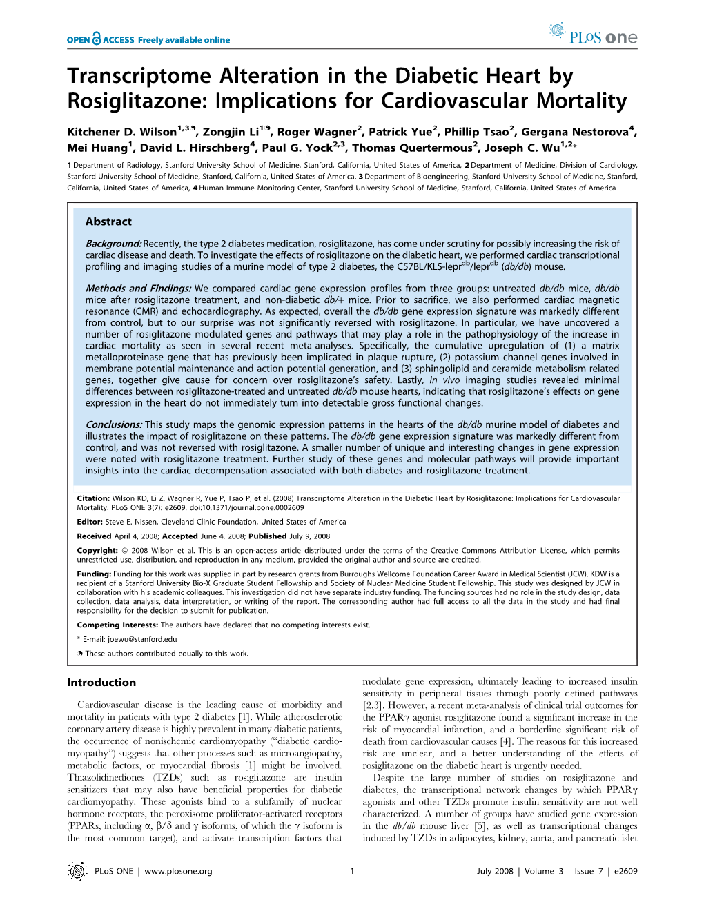 Transcriptome Alteration in the Diabetic Heart by Rosiglitazone: Implications for Cardiovascular Mortality