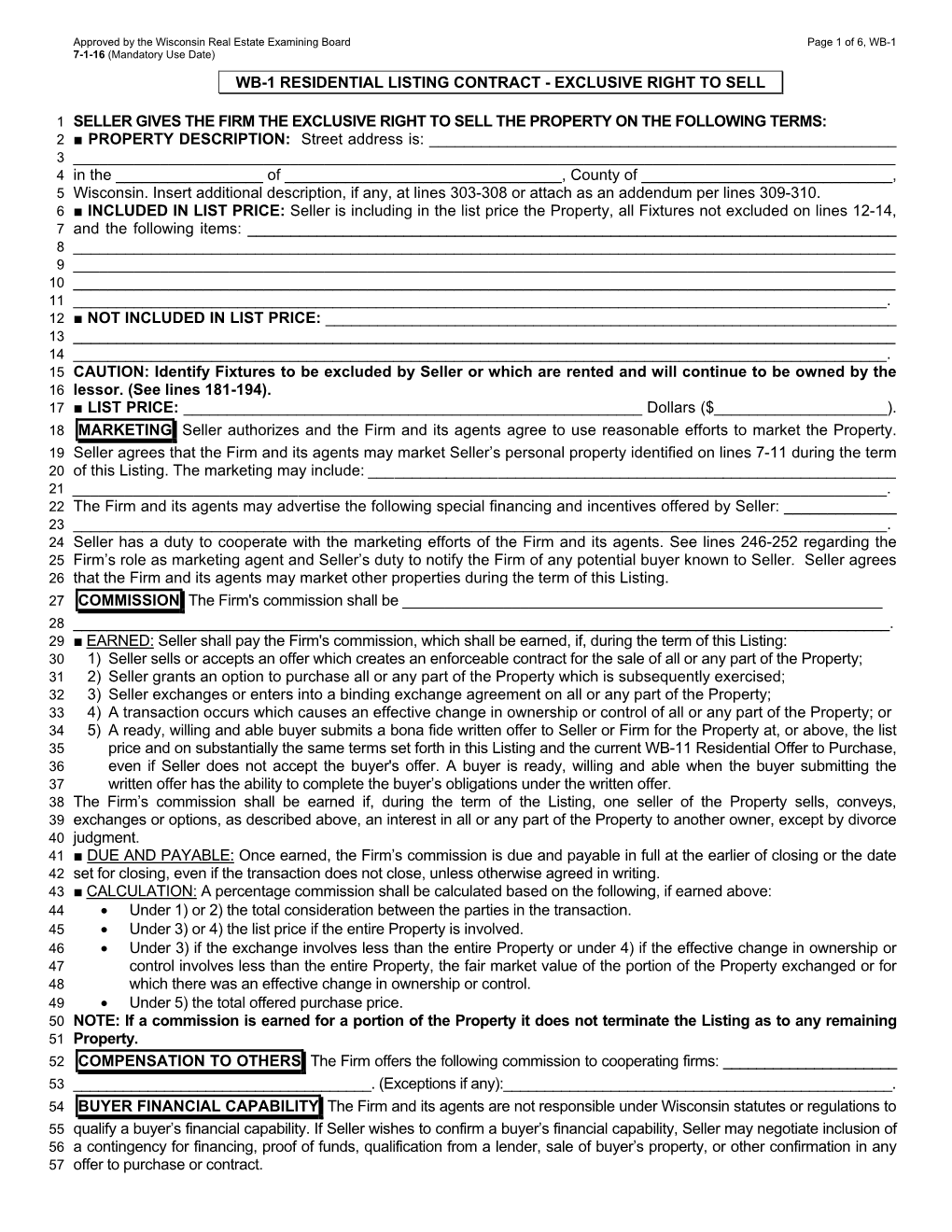 Wb-1 Residential Listing Contract - Exclusive Right to Sell