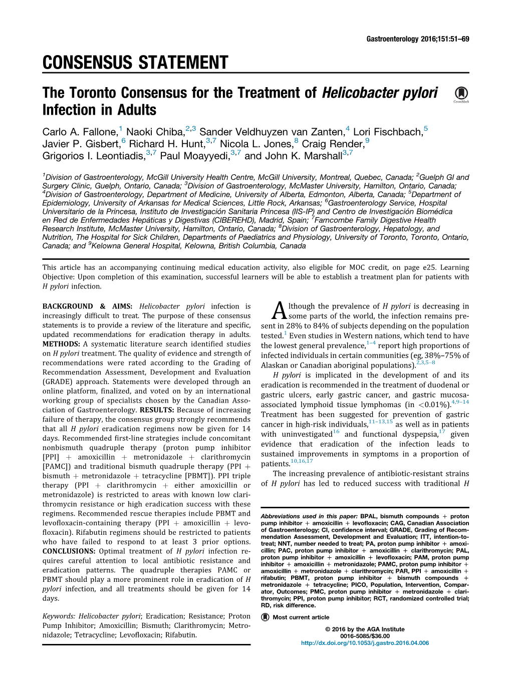 The Toronto Consensus for the Treatment of Helicobacter Pylori Infection in Adults Carlo A