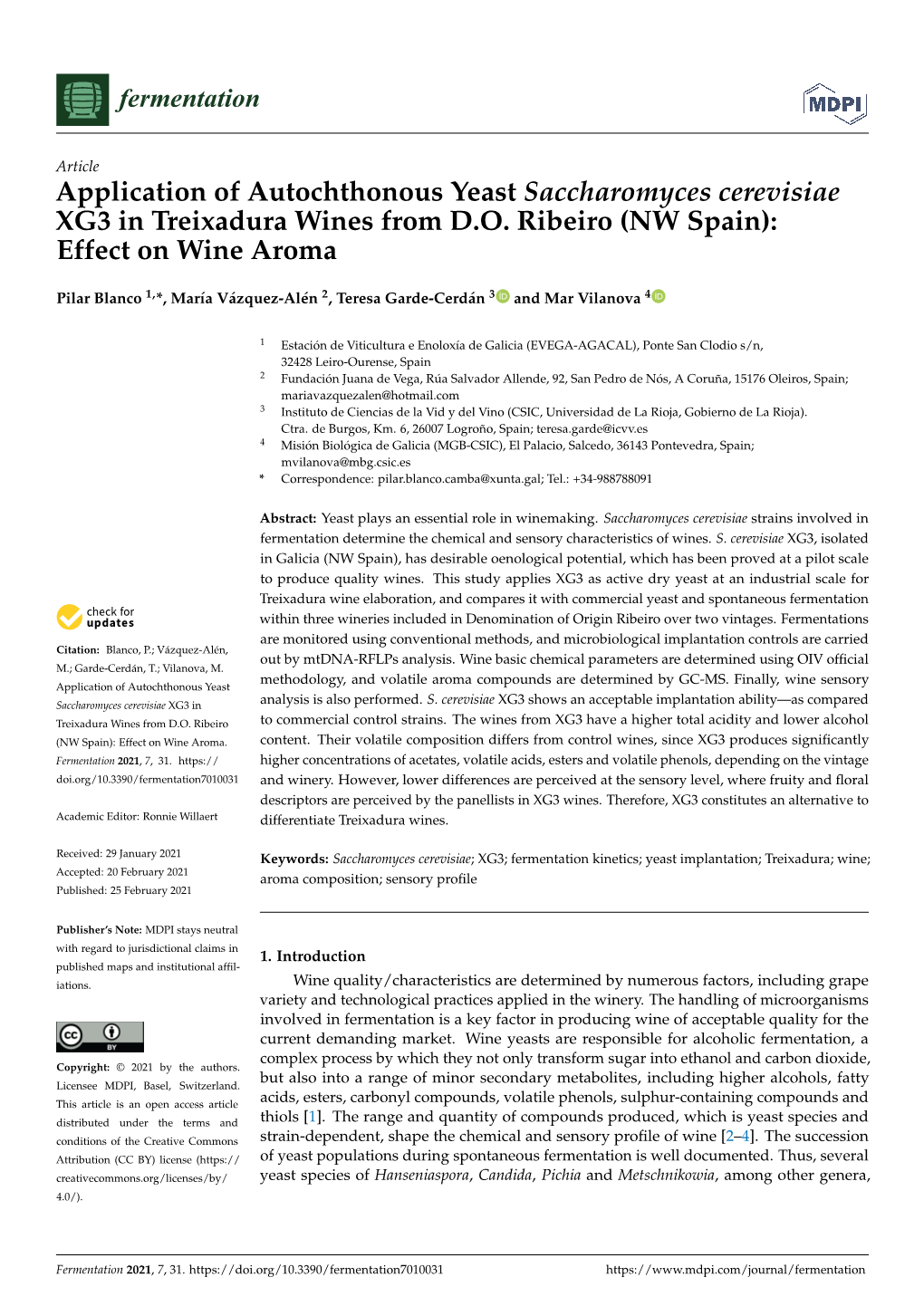 Application of Autochthonous Yeast Saccharomyces Cerevisiae XG3 in Treixadura Wines from DO Ribeiro