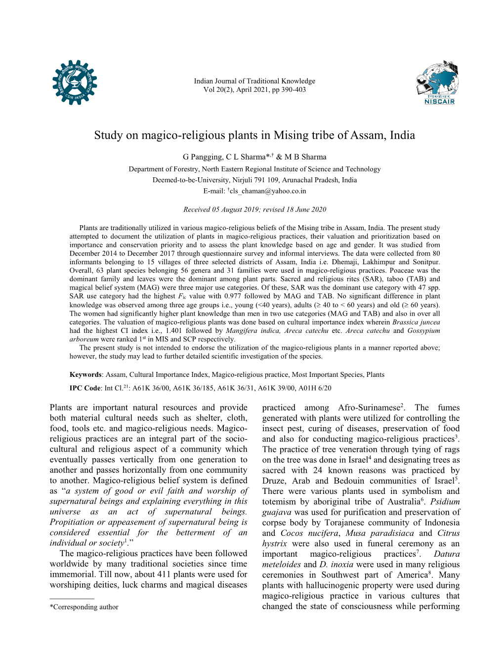 Study on Magico-Religious Plants in Mising Tribe of Assam, India